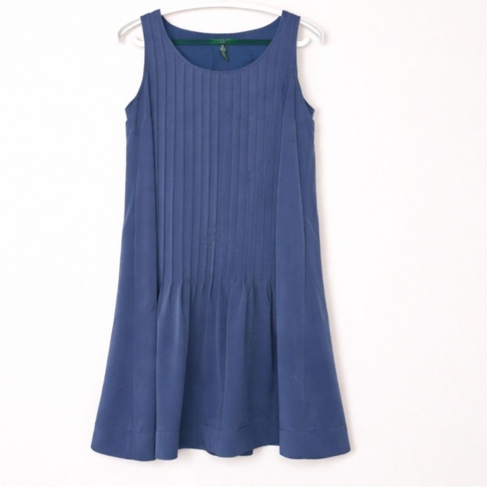 Lauren Ralph Lauren Blue Pleated Shift Dress Size 10 Sleeveless Classic Chic